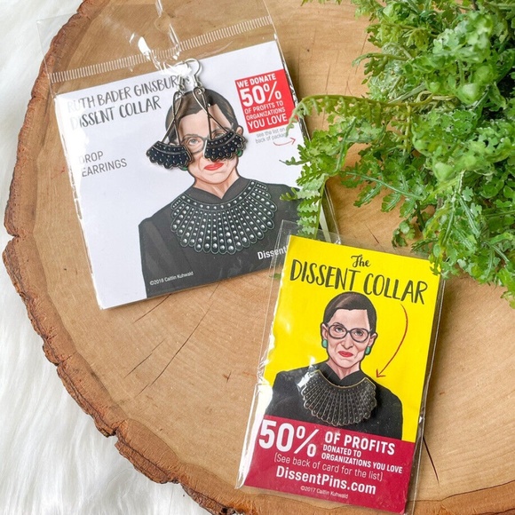 Ruth Bader Ginsburg 24K Gold Plate Dissent Collar Earrings Pin Supreme Court RBG - Picture 1 of 5